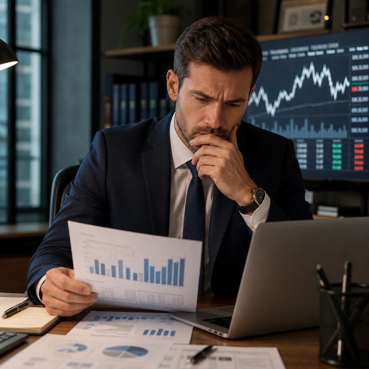Empresário preocupado analisando relatórios financeiros